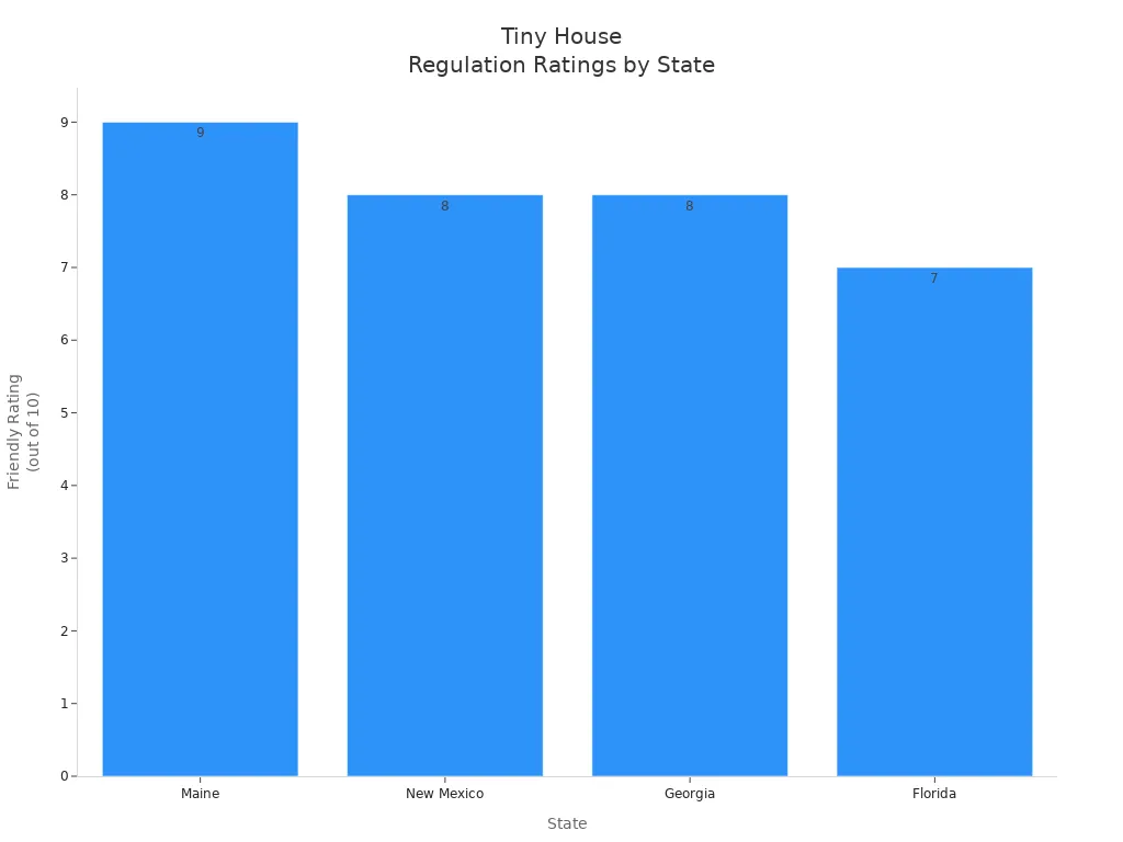 Bar chart comparing tiny house friendly ratings for Maine, New Mexico, Georgia, and Florida
